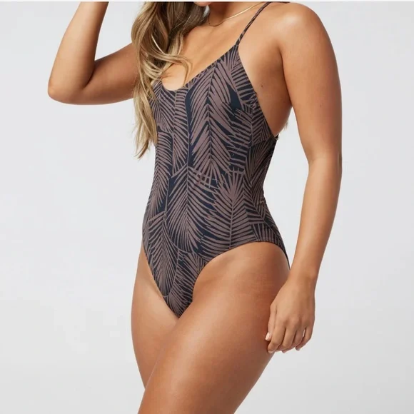Vuori Black and Brown Leaf Print One Piece Swimsuit - Picture 7 of 8